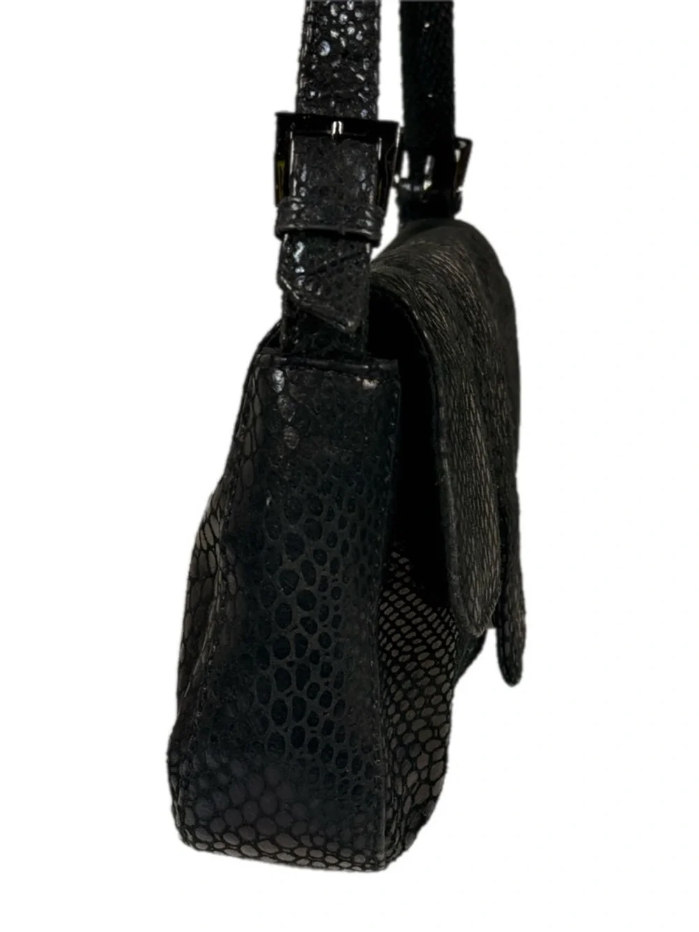 Studio Imports | Textured Black Shoulder Bag Flap Closure Snakeskin print